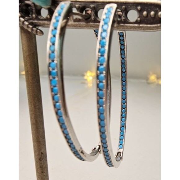 925 Elongated Hoops with Blue Cut Stones on outside and inside of hoops 1 3/4"L - Picture 5 of 6
